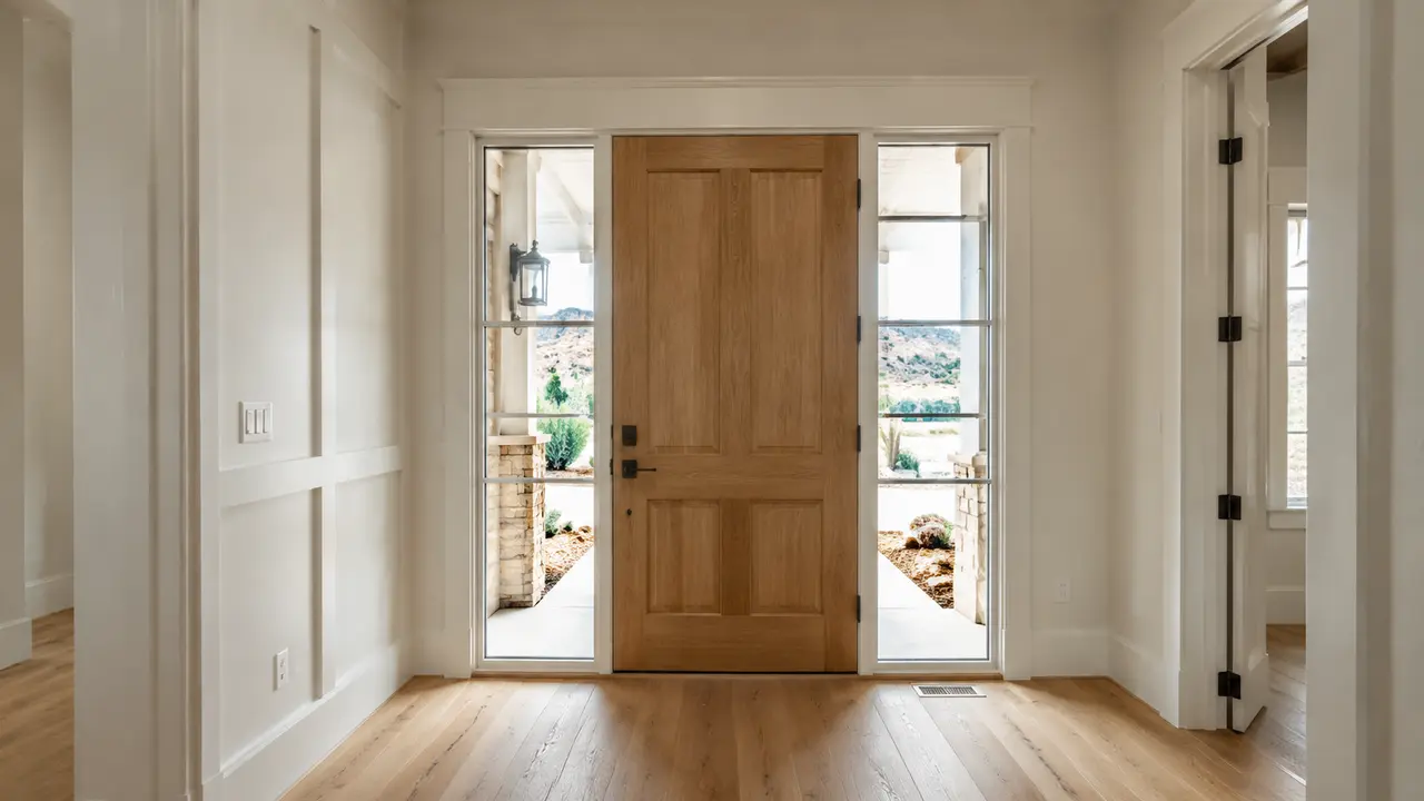 Finished oak entry door, wall paneling and hardwood floor