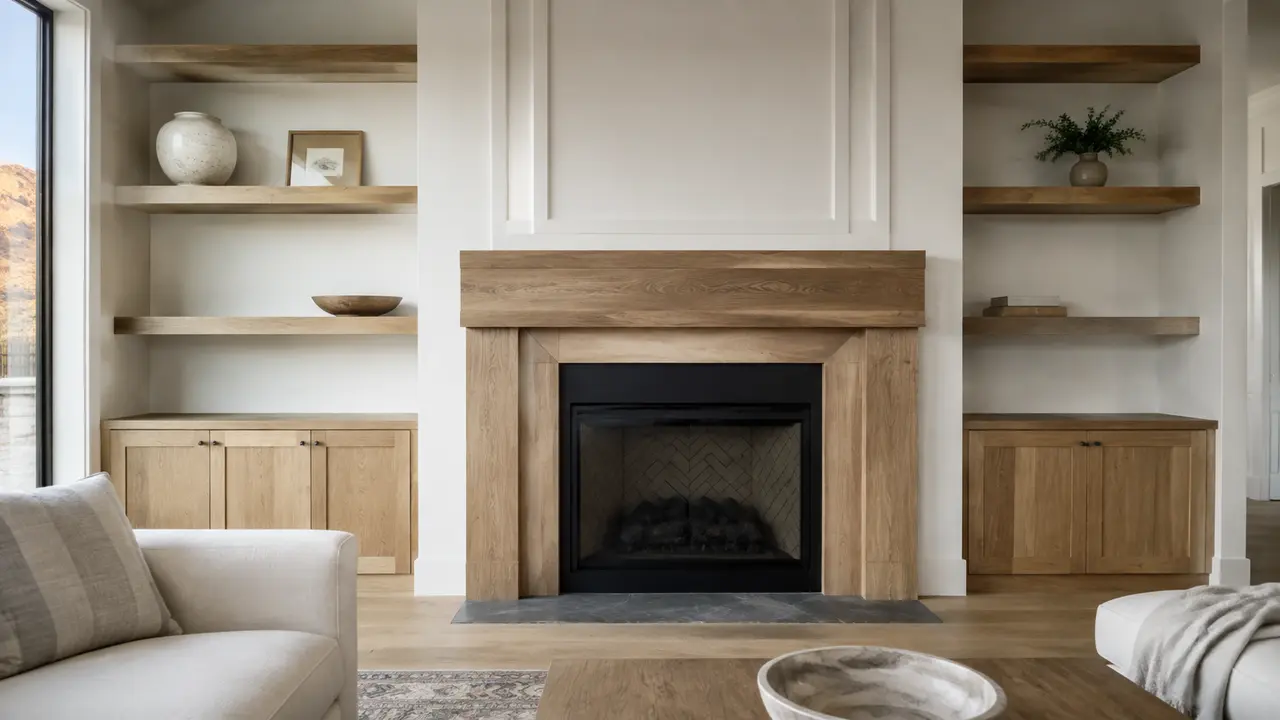Custom oak fireplace mantel and floating shelves in Southern Utah home