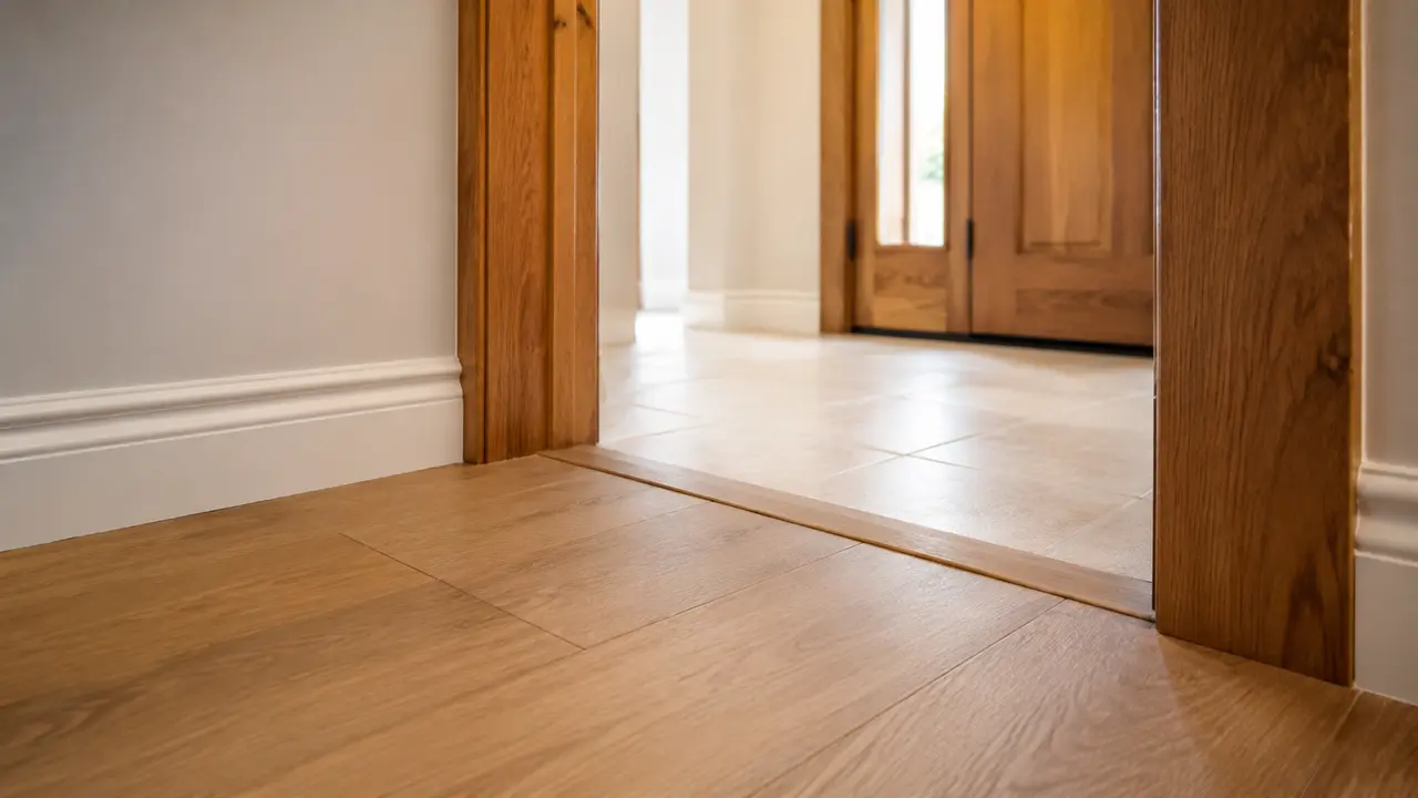 Hardwood flooring transition into a tiled entry