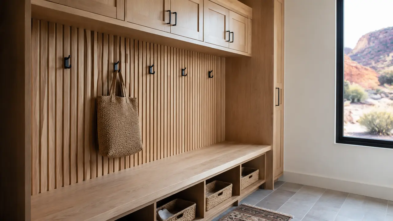 Custom oak mudroom slat wall and built-in bench