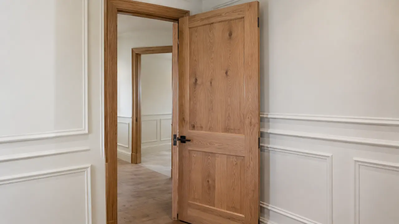 Natural oak interior door with wall panel molding
