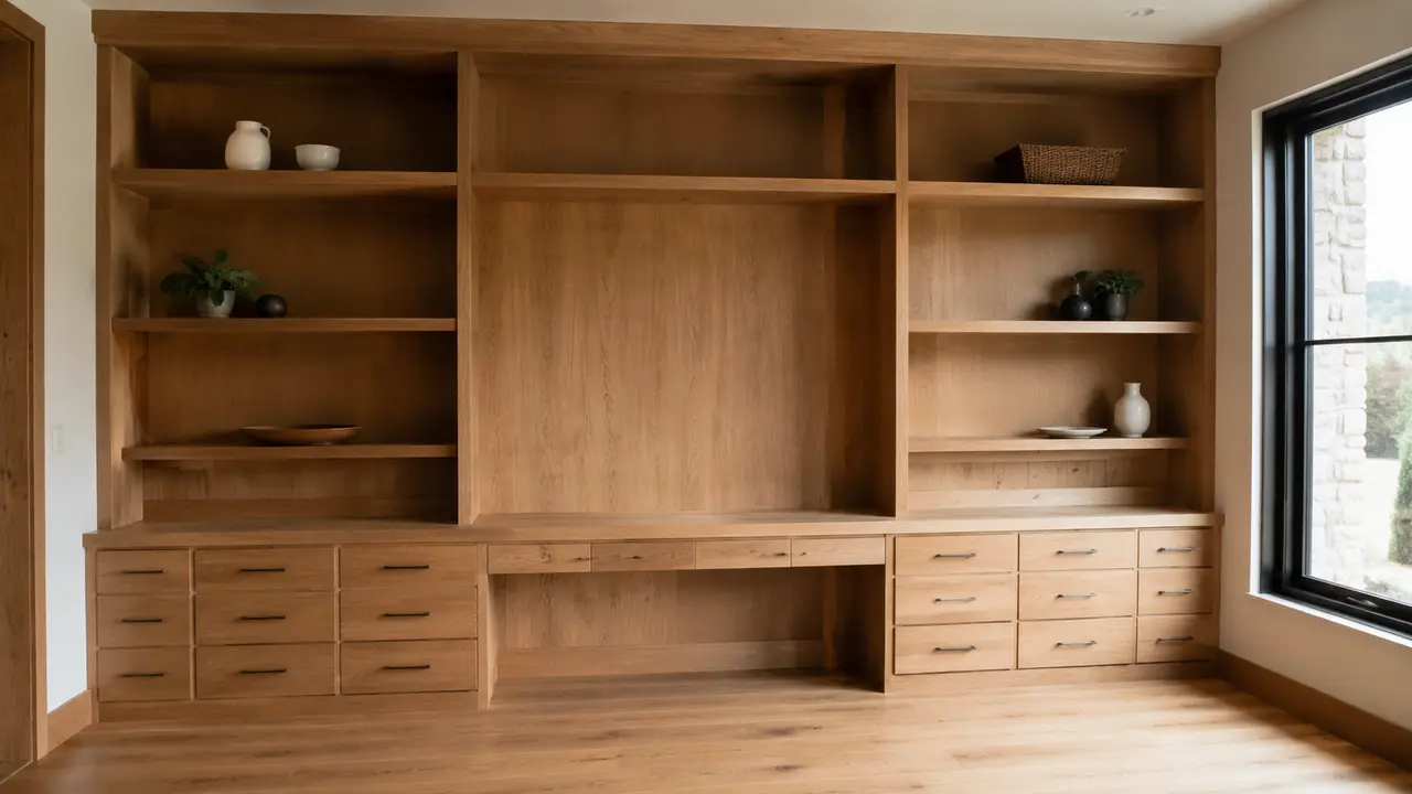 Custom oak office built-ins and integrated desk