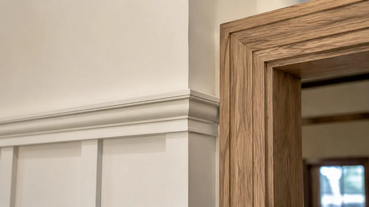 Close finish carpentry detail at oak door casing