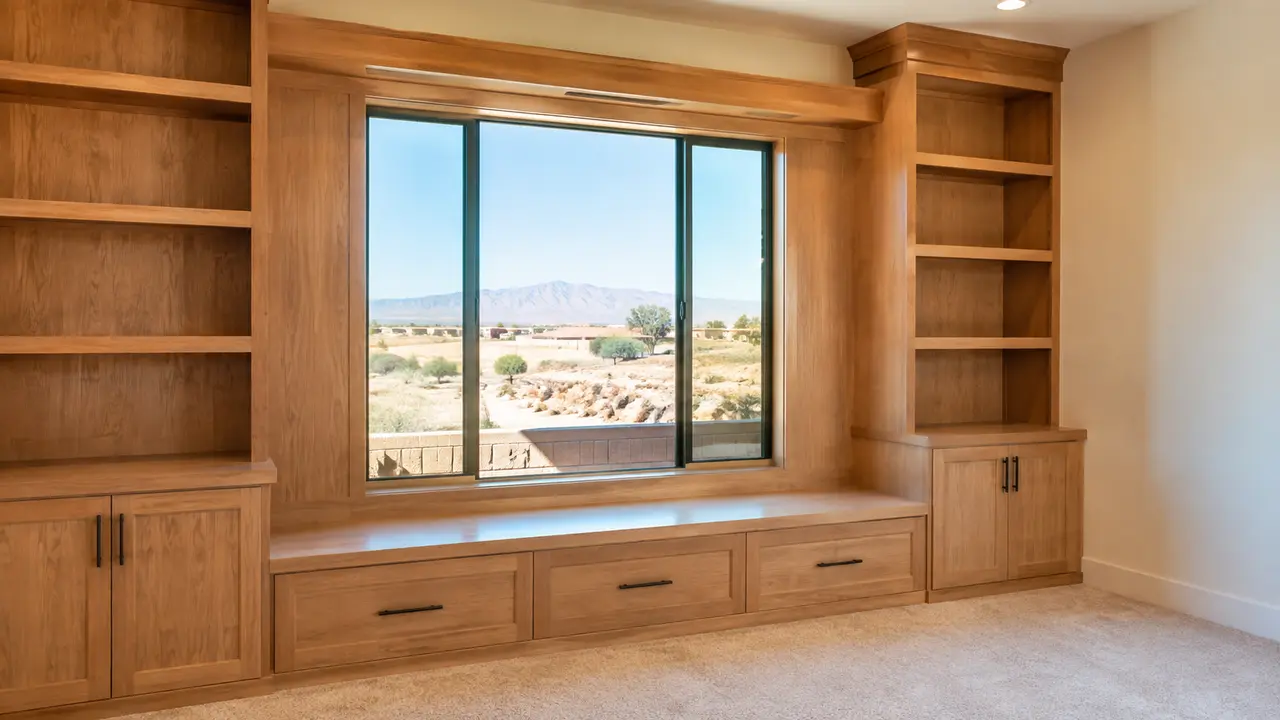 Custom oak window bench and built-in shelving