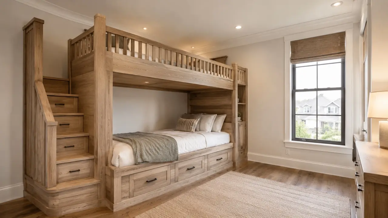 Finished light oak custom bunk bed with stair storage