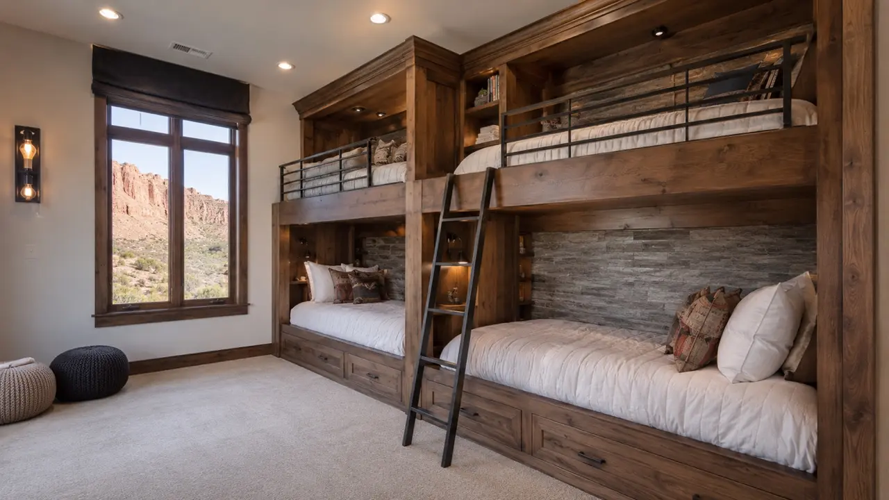 Dark wood custom bunk room with integrated storage