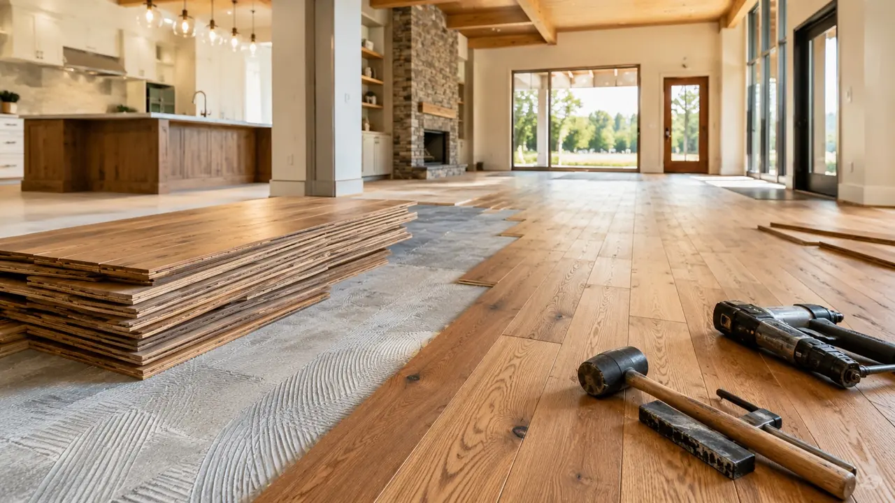 Hardwood floor installation across an open living area