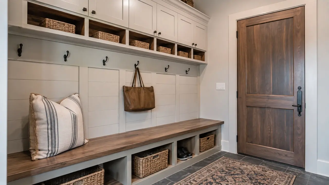 Built-in mudroom bench, cabinetry and wall paneling