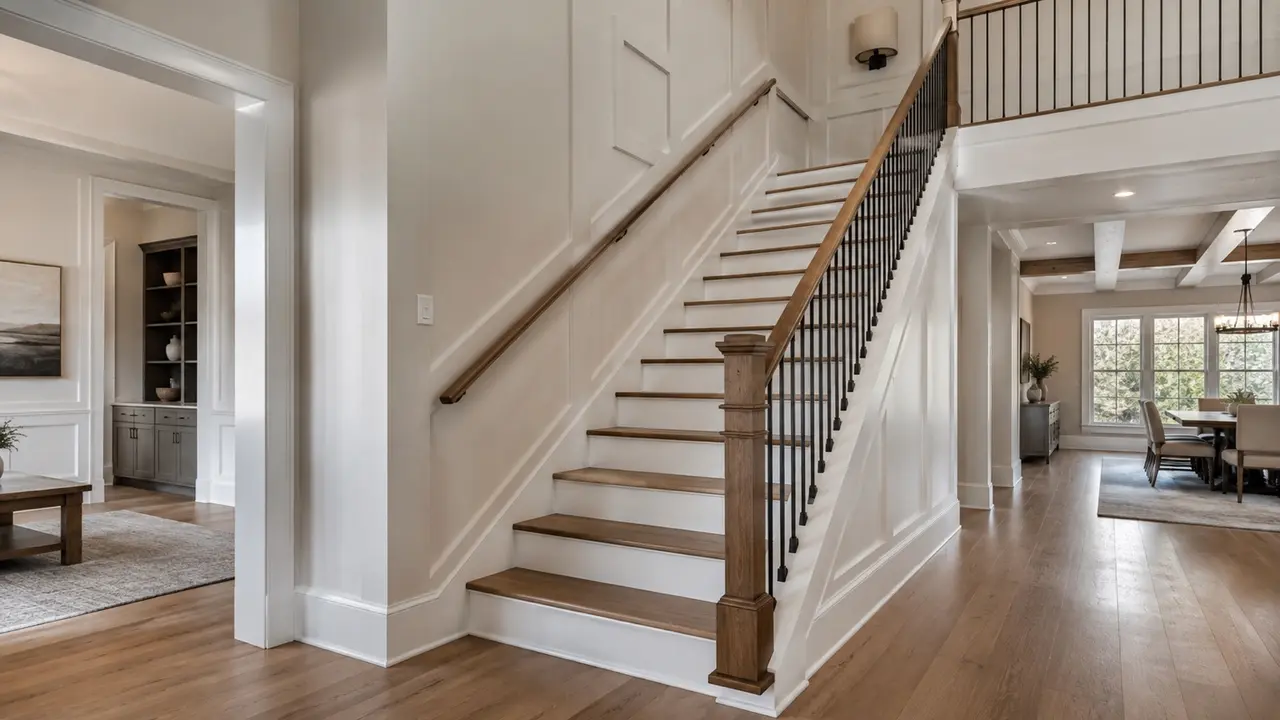 Finished oak staircase with black balusters and wall trim