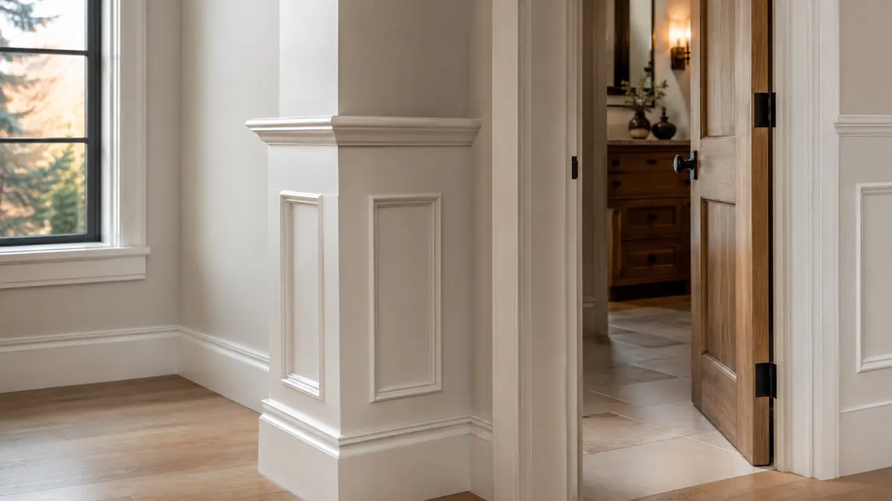 Trim, wall molding and natural oak door detail