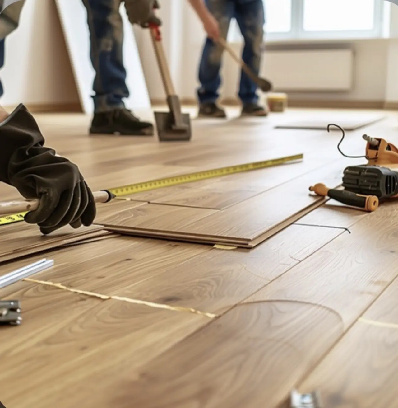 Flooring crew measuring and fitting wood flooring